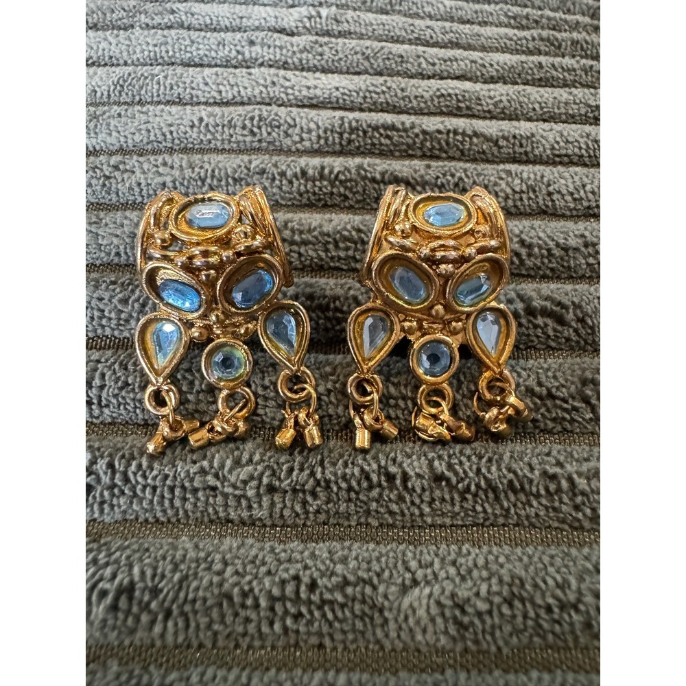 Gold Tone Dangle Earrings with Blue Gemstone Accents Statement Jewelry‎